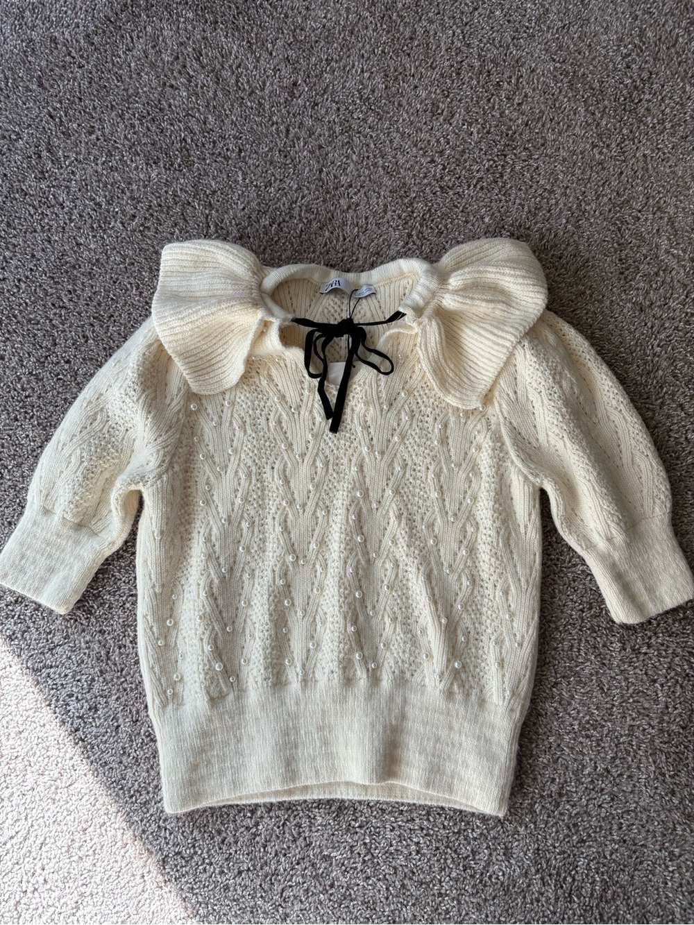 Zara Cream Bow-Collar Knit Sweater with Black Tie
